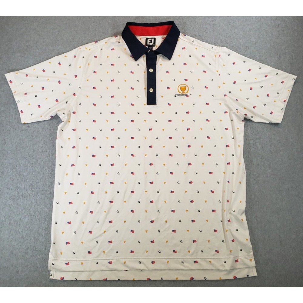 Footjoy Presidents Cup Golf Polo Shirt Mens White Red Blue Size XL American Flag
